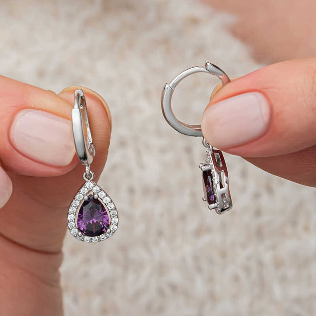 Sterling Silver Purple Zircon Teardrop Halo Dangle Hoop Earrings