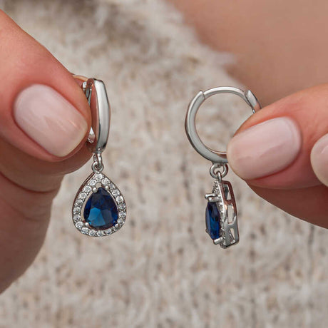 Sterling Silver Teardrop Drop Earrings - Navy Blue Zircon Halo