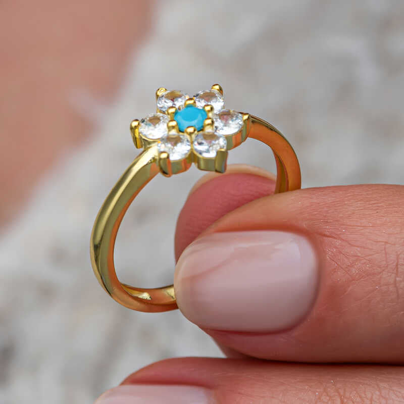 Bague Fleur Délicate - Dorée avec Turquoise et Zirconia Étincelant