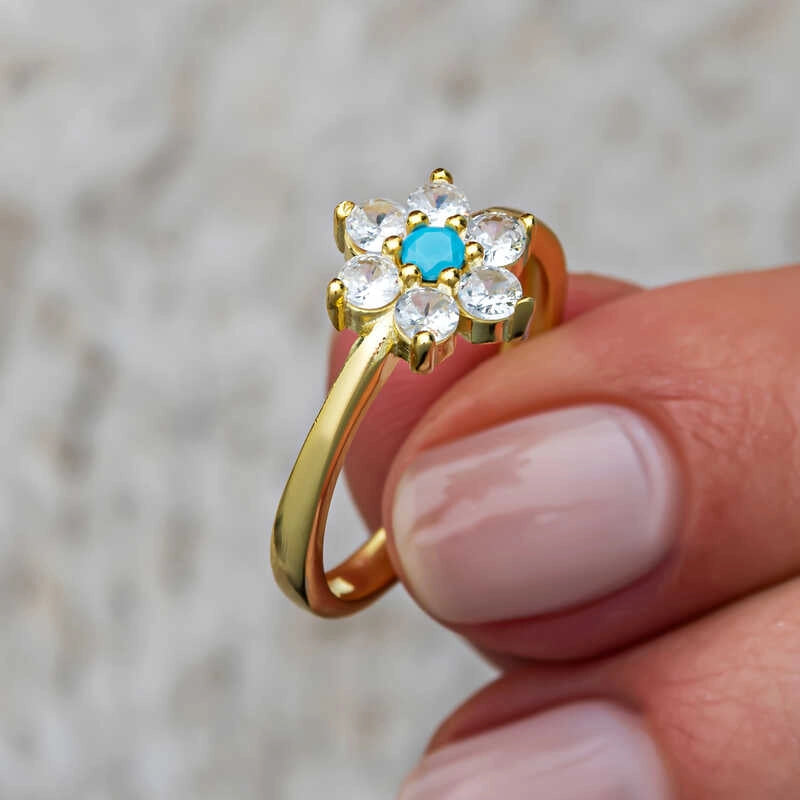 Bague Fleur Délicate - Dorée avec Turquoise et Zirconia Étincelant