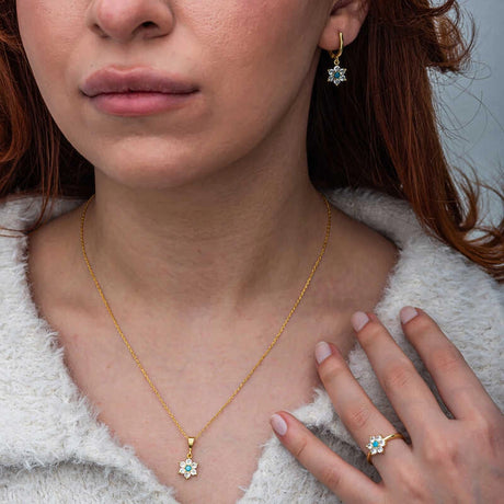 Floral Jewelry Set - Gold-Tone Turquoise & Sparkle Flower Design