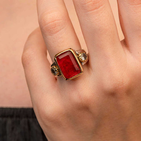 Sterling Silver & Gold-Tone Ring - Red Zircon Statement Design