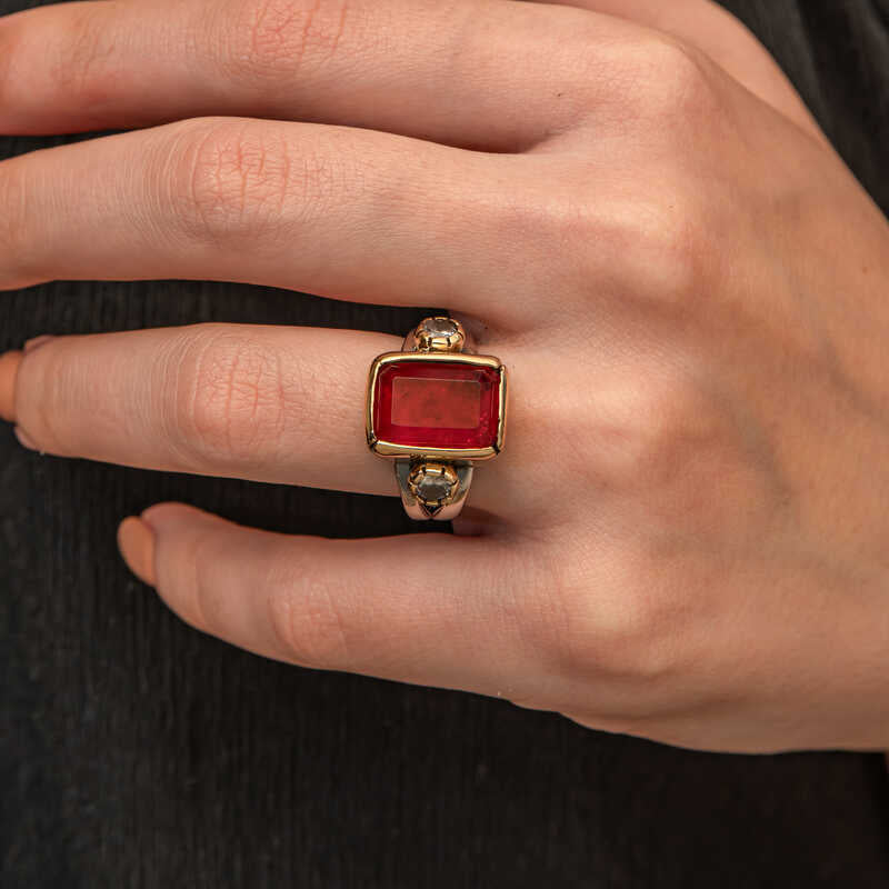 Sterling Silver & Gold-Tone Ring - Red Zircon Statement Design