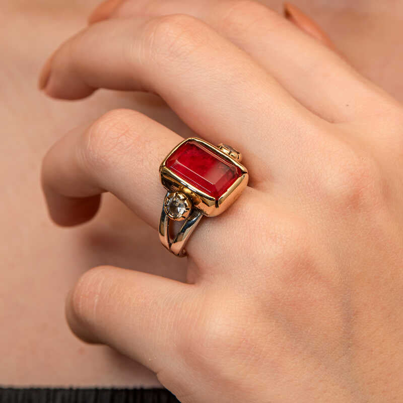 Sterling Silver & Gold-Tone Ring - Red Zircon Statement Design