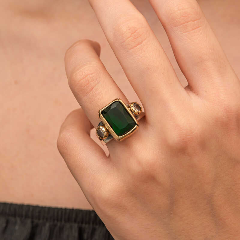 Ring - Sterling Silver & Gold-Tone Emerald-Green Statement