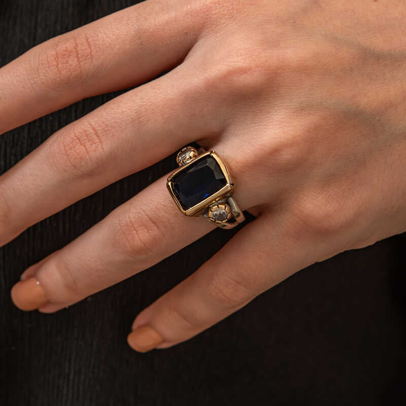 Ring - Two-Tone Dark Blue Zirconia Bezel Set Statement Ring