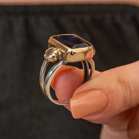 Ring - Two-Tone Dark Blue Zirconia Bezel Set Statement Ring