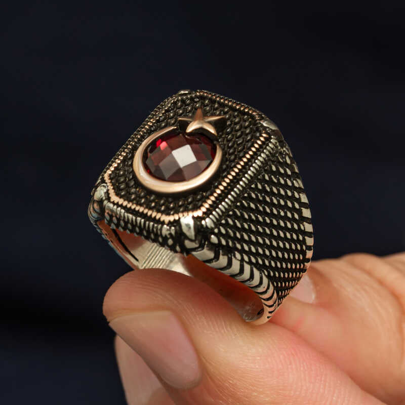 Premium Men's Sterling Silver Red Stone Crescent Star Ring