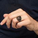 Premium Men's Sterling Silver Red Stone Crescent Star Ring