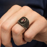 Premium Men's Sterling Silver Red Stone Crescent Star Ring