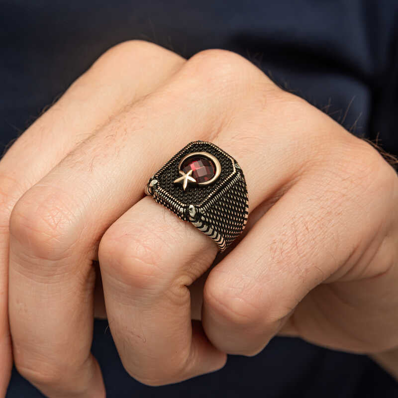 Premium Men's Sterling Silver Red Stone Crescent Star Ring