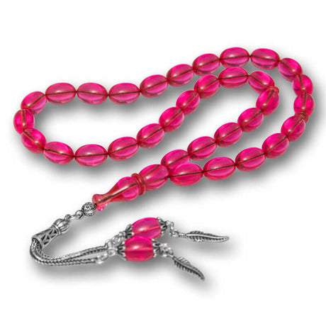 Tesbih Prayer Beads - Pink Fire Amber & Silver-Tone Tasseled Design