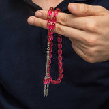 Cuentas de Oración Tesbih - Ámbar Fuego Rosa y Diseño con Borlas en Tono Plateado