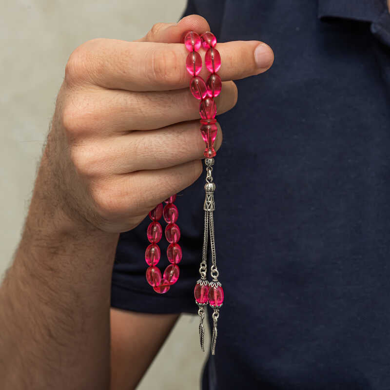 Cuentas de Oración Tesbih - Ámbar Fuego Rosa y Diseño con Borlas en Tono Plateado