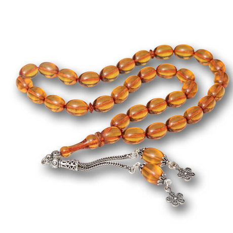 Fire Amber Tesbih - Sterling Silver Tasseled Prayer Beads