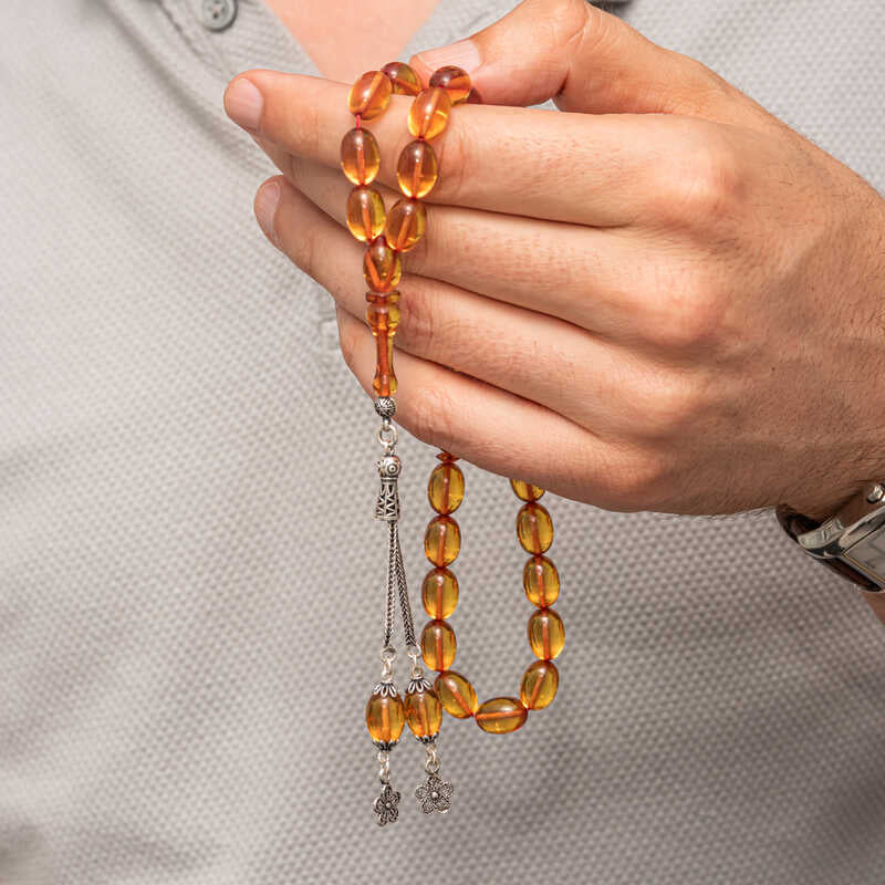 Fire Amber Tesbih - Sterling Silver Tasseled Prayer Beads