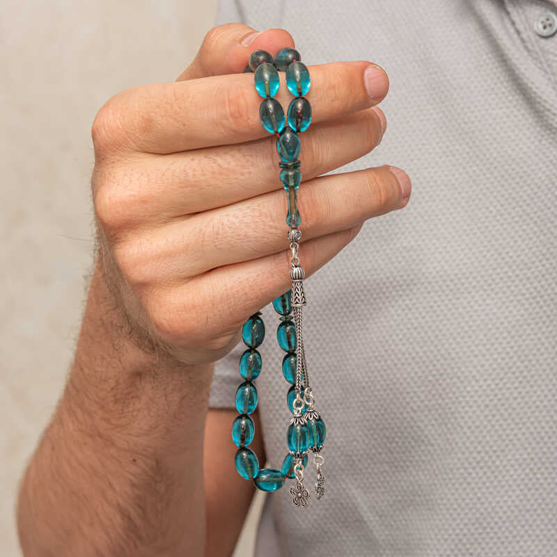 Fire Amber Tasbih Prayer Beads - Elegant Silver Tassel Design