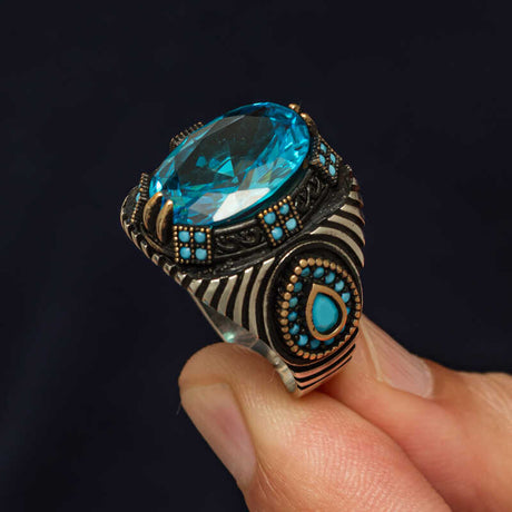 Men's Sterling Silver Blue Faceted Gemstone Ring