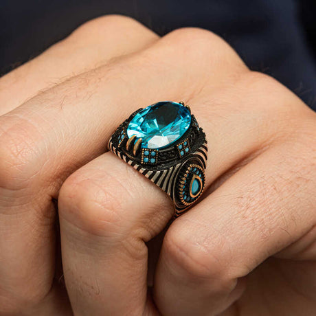 Men's Sterling Silver Blue Faceted Gemstone Ring