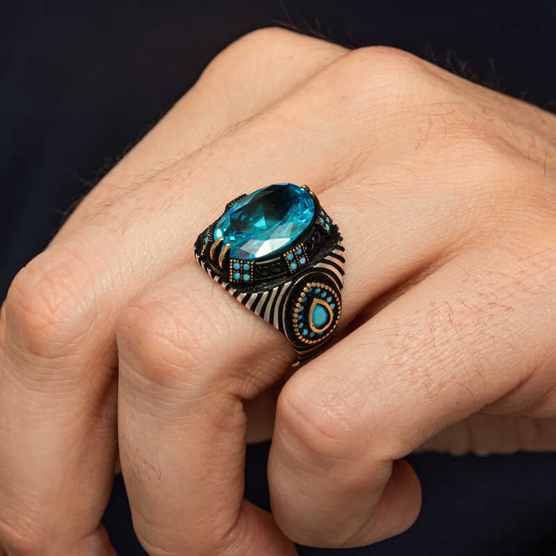 Men's Sterling Silver Blue Faceted Gemstone Ring