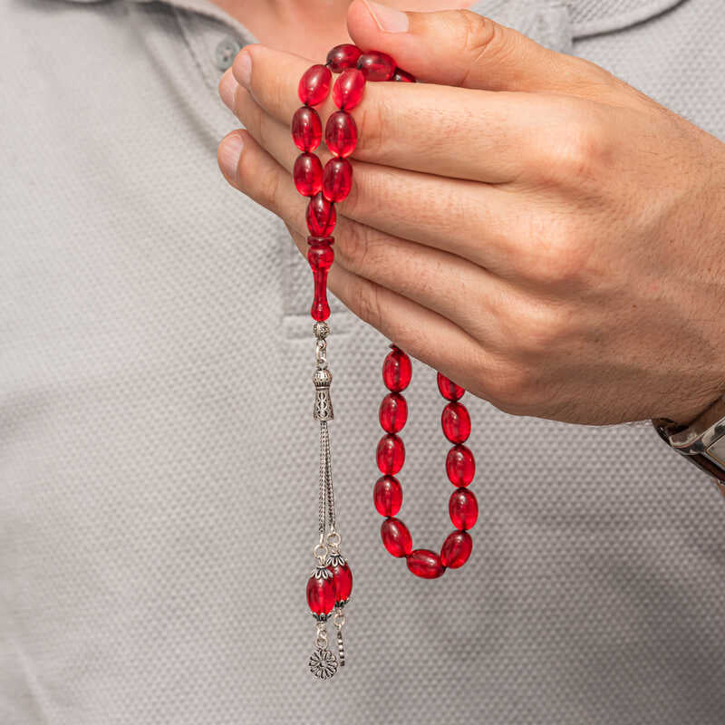 Tesbih Prayer Beads - Red Fire Amber with Sterling Silver Tassel