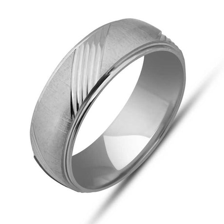 Wedding Band - Sterling Silver Rhodium Plated Diagonal Groove Ring