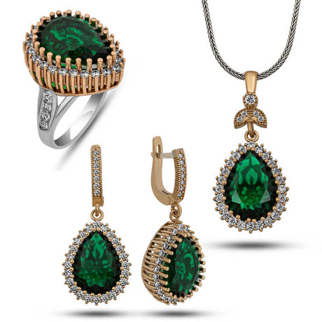 Hurrem Style Emerald & Zirconia Rose Gold-Tone & Silver-Tone Jewelry Set