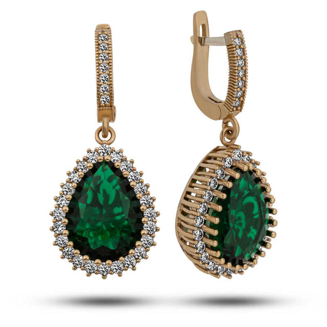 Gold-Tone Emerald Green Teardrop Dangle Earrings - Ornate Hurrem Style