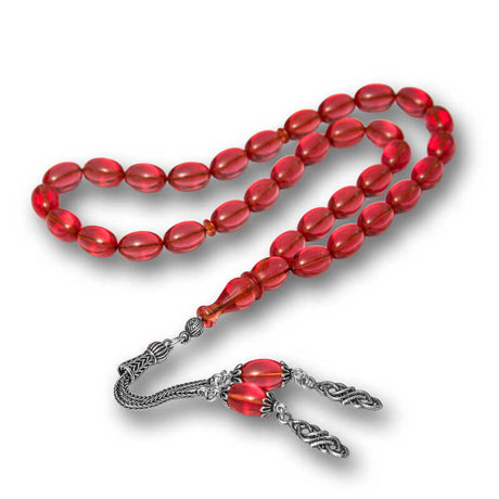 Fire Amber Prayer Beads - Elegant Sterling Silver Tasseled Tesbih