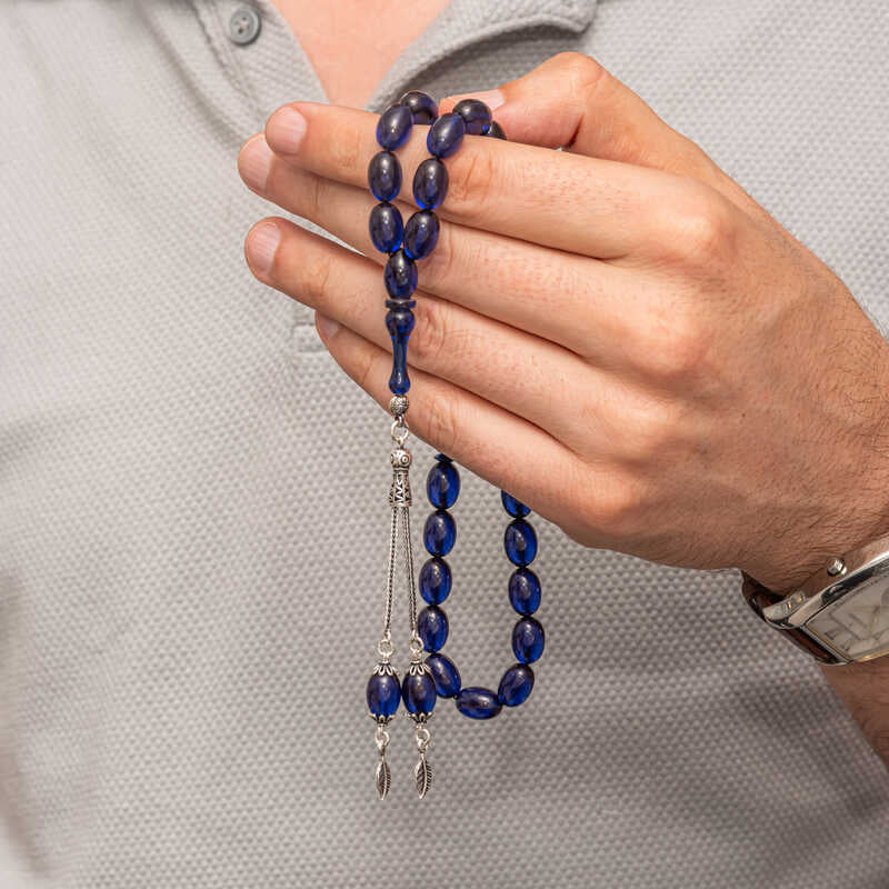 Prayer Beads - Navy Compressed Amber Tesbih with Silver Tassel