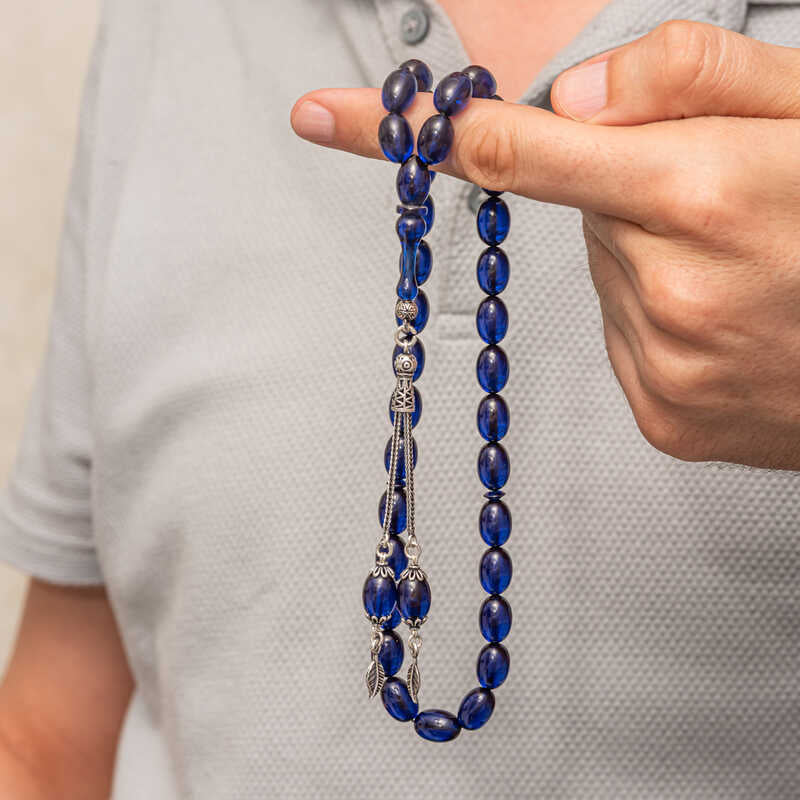 Prayer Beads - Navy Compressed Amber Tesbih with Silver Tassel