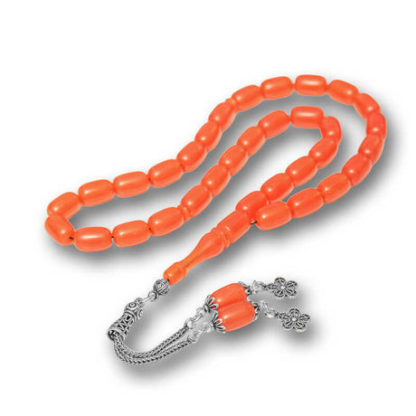 Elegant Pressed Amber Tesbih - Capsule Cut Beads with Sterling Silver Tassel