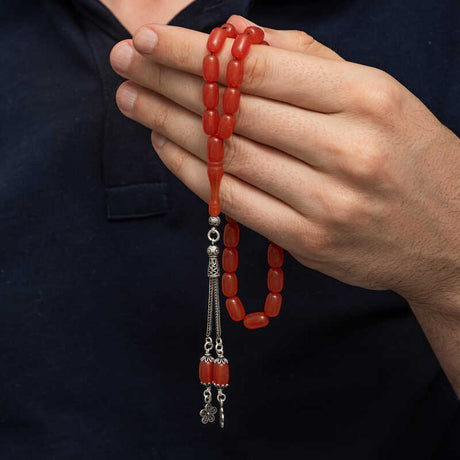 Elegant Pressed Amber Tesbih - Capsule Cut Beads with Sterling Silver Tassel
