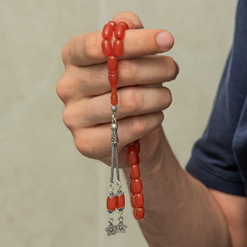 Elegante Geperste Amber Tesbih - Kralen met Capsule Snede en Sterling Zilveren Kwast