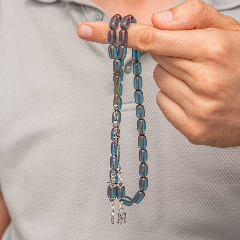 Tesbih - Capsule Cut Compressed Amber Prayer Beads with Silver Tassel