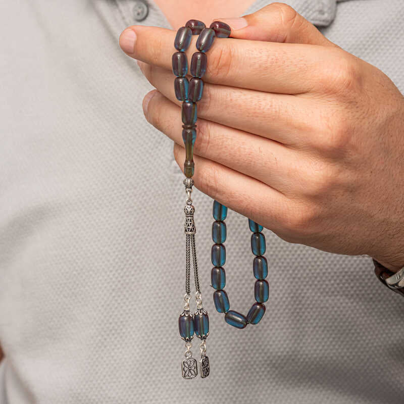 Tesbih - Capsule Cut Compressed Amber Prayer Beads with Silver Tassel