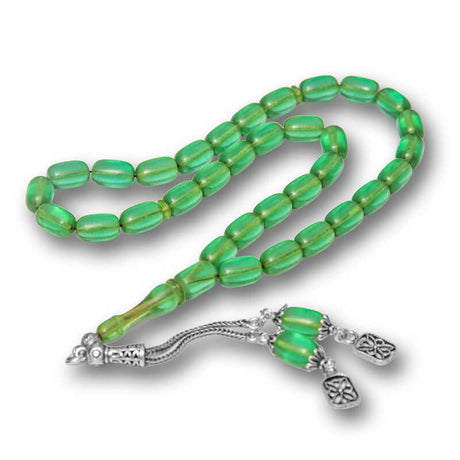 Prayer Beads - Green Compressed Amber Capsule Cut Tesbih with Silver Tassel