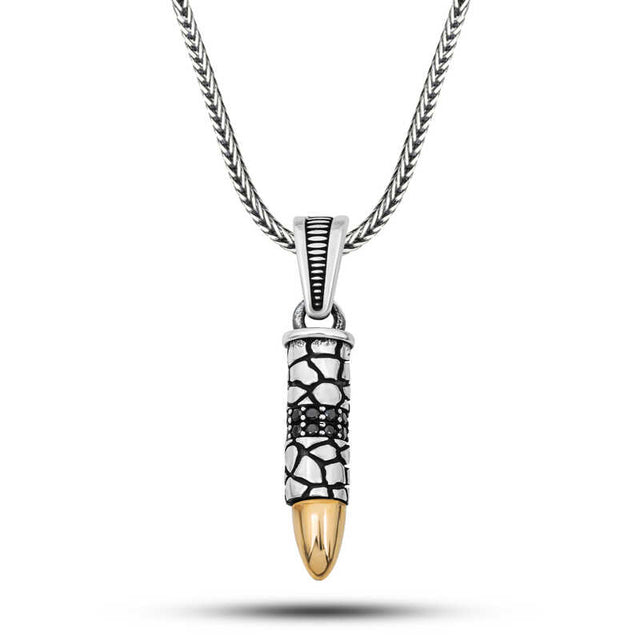 Men's Necklace - Sterling Silver Bullet Pendant with Black Zircon