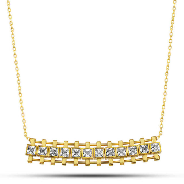 Necklace - Gold-Tone Zircon Square Bar Design