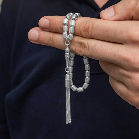 Men's Prayer Beads - Sterling Silver Capsule Cut Grooved Design