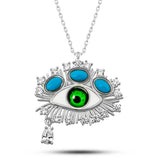 Sterling Silver Evil Eye Necklace - Green Enamel, Turquoise & CZ Statement