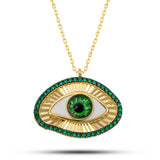 Gold-Tone Evil Eye Necklace - Green Gemstone & Enamel Statement Pendant