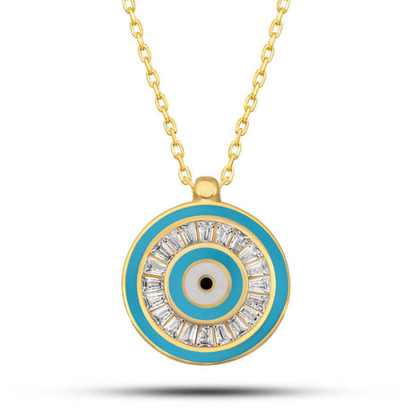 Gold-Tone Evil Eye Necklace - Baguette Cubic Zirconia & Enamel