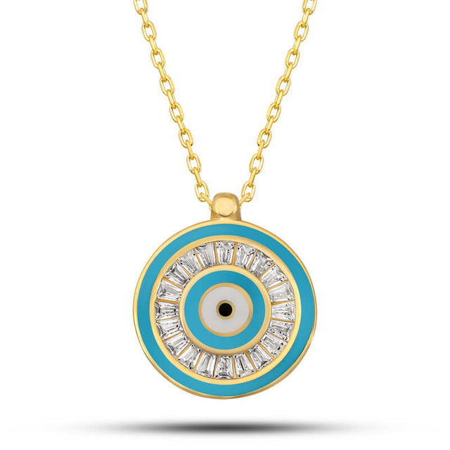 Gold-Tone Evil Eye Necklace - Baguette Cubic Zirconia & Enamel