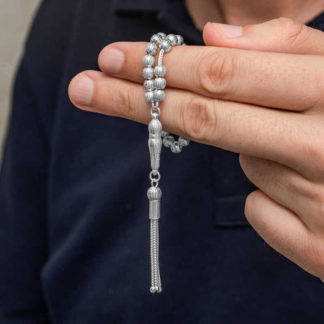 Men's Tasbih - Sterling Silver Textured Bead Prayer Beads