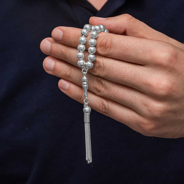 Men's Tesbih - Sterling Silver Elegant Round Striped Beads