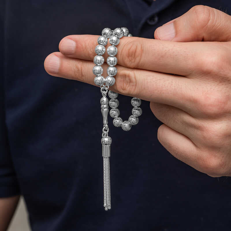 Men's Tesbih - Sterling Silver Elegant Round Striped Beads