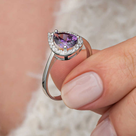 Sterling Silver Pear-Cut Amethyst Halo Ring - Dazzling Gemstone Design