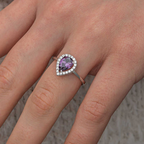 Sterling Silver Pear-Cut Amethyst Halo Ring - Dazzling Gemstone Design