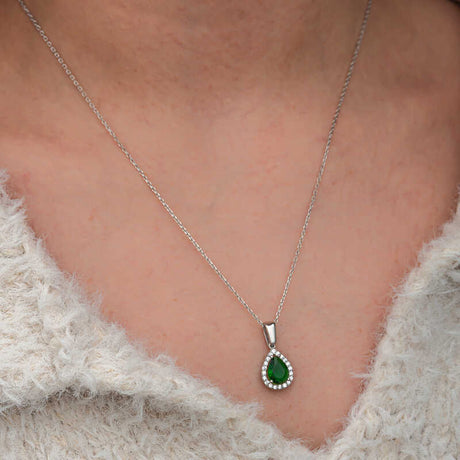Necklace - Silver-Tone Emerald Green Teardrop Halo Pendant
